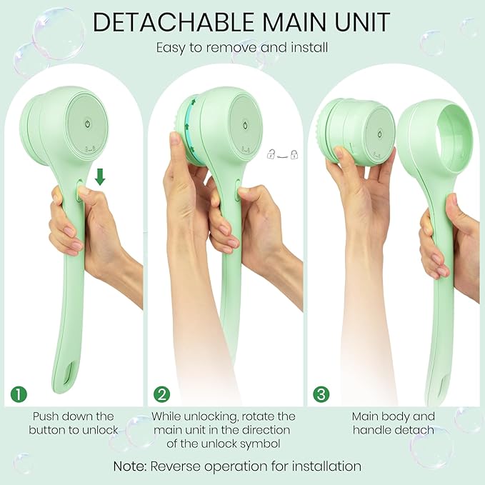 Electric Body Brush Back Scrubber for Shower, Auto Spinning Exfoliating Massage Bath Brush Rechargeable, Dual Long Handle, Deep Cleansing, Waterproof, Rotating Body Brushes with 5 Brush Heads