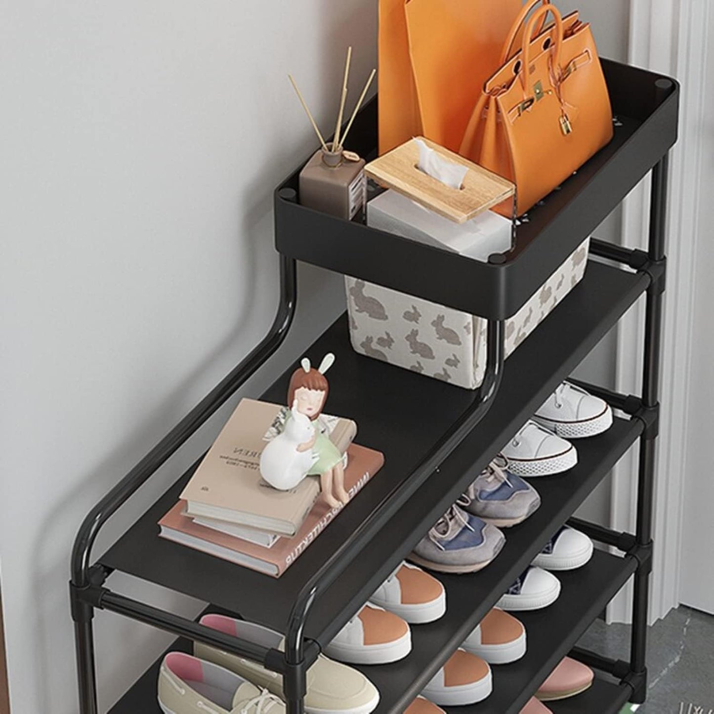 Shoes Rack - Multi-Layer Household Shoe Cabinet For 12 Pairs Of Shoes - 4 Layered Metal Books, Keys, Bags, Towels And Other Household Accessories Organizer (60 x 60 x 21 CM, Black)