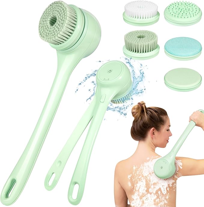 Electric Body Brush Back Scrubber for Shower, Auto Spinning Exfoliating Massage Bath Brush Rechargeable, Dual Long Handle, Deep Cleansing, Waterproof, Rotating Body Brushes with 5 Brush Heads