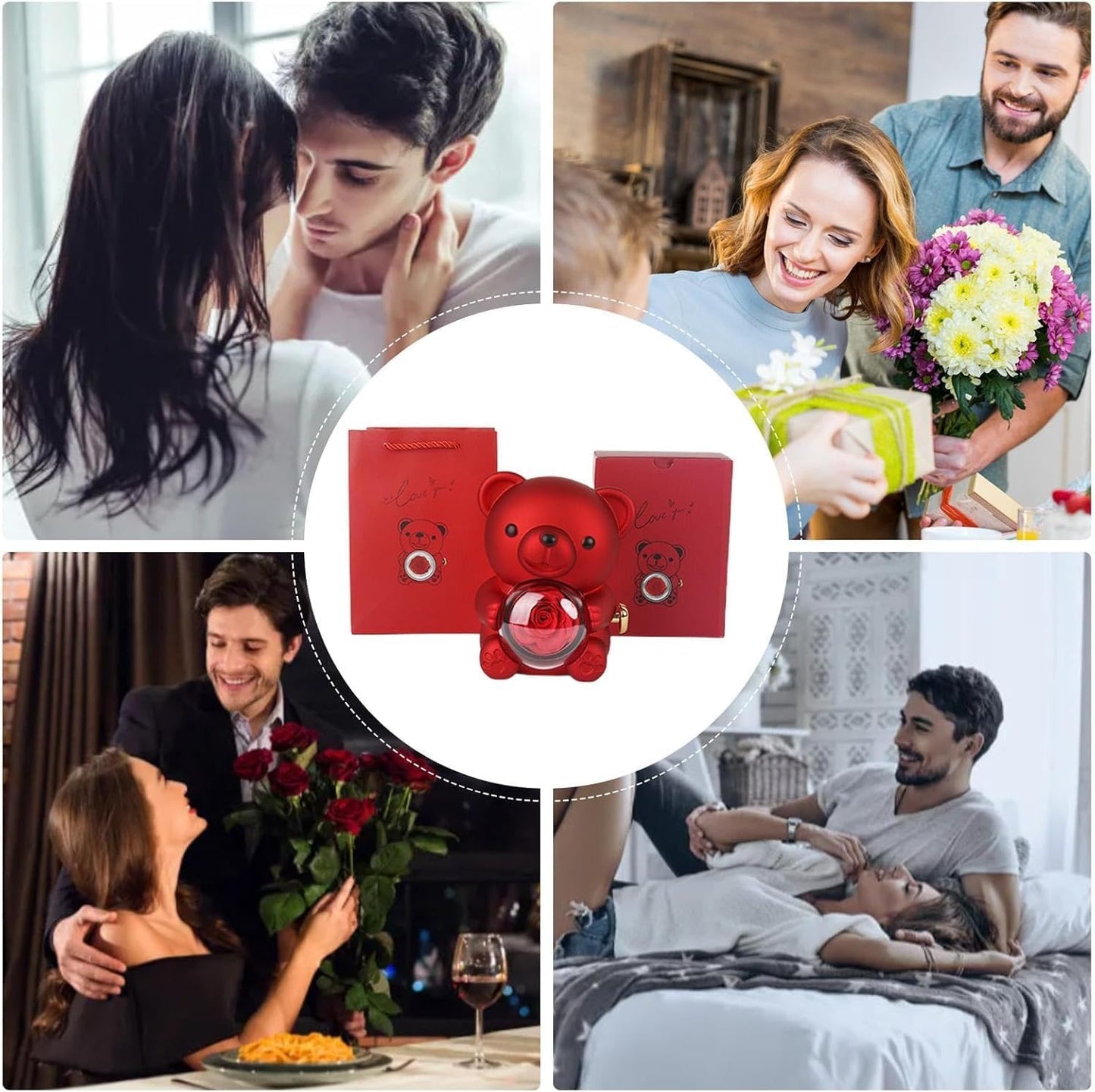 قلادة على شكل قلب محفور مع علبة هدايا على شكل دب ورد حقيقي، هدايا نسائية على شكل دب ورد حقيقي مع قلادة على شكل قلب، علبة هدايا دوارة على شكل دب ورد، هدية للأم والزوجة والصديقة (أحمر)