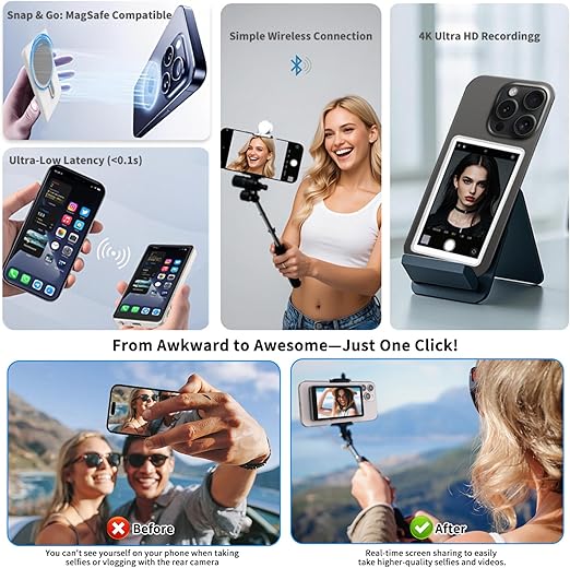 Phone Vlog Selfie Monitor Screen, Magnetic Phone Holder Clip Mount,4.02 inch HD Screen Rear Camera Monitor Using Phone Rear Camera for Selfie Vlog Live Stream TikTok, Compatible with iPhone