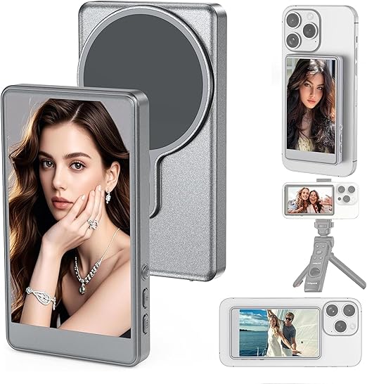 Phone Vlog Selfie Monitor Screen, Magnetic Phone Holder Clip Mount,4.02 inch HD Screen Rear Camera Monitor Using Phone Rear Camera for Selfie Vlog Live Stream TikTok, Compatible with iPhone