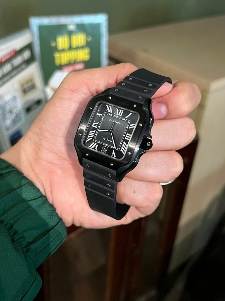 Cartier Santos Black Ceramic Replica Watch Rubber Strap