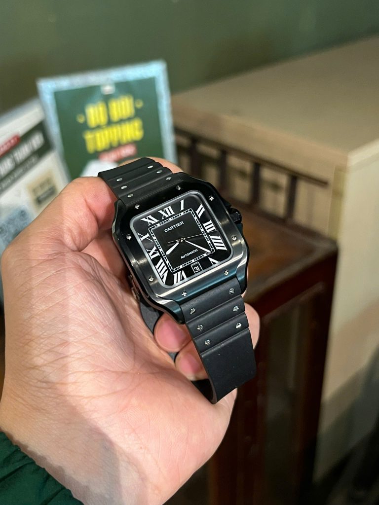 Cartier Santos Black Ceramic Replica Watch Rubber Strap