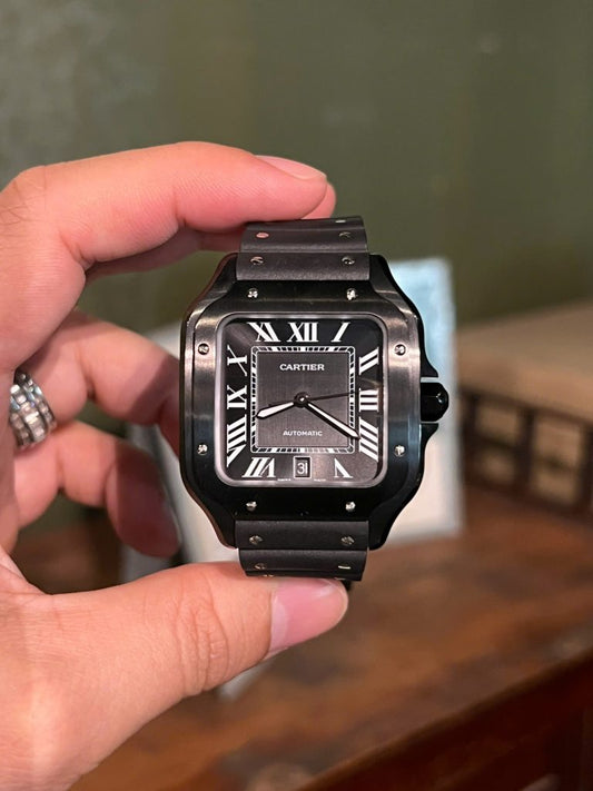 Cartier Santos Black Ceramic Replica Watch Rubber Strap