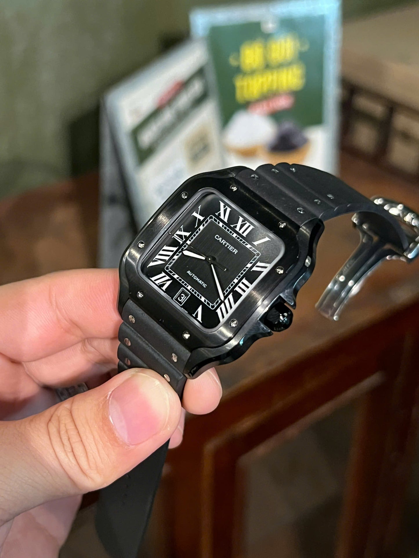 Cartier Santos Black Ceramic Replica Watch Rubber Strap