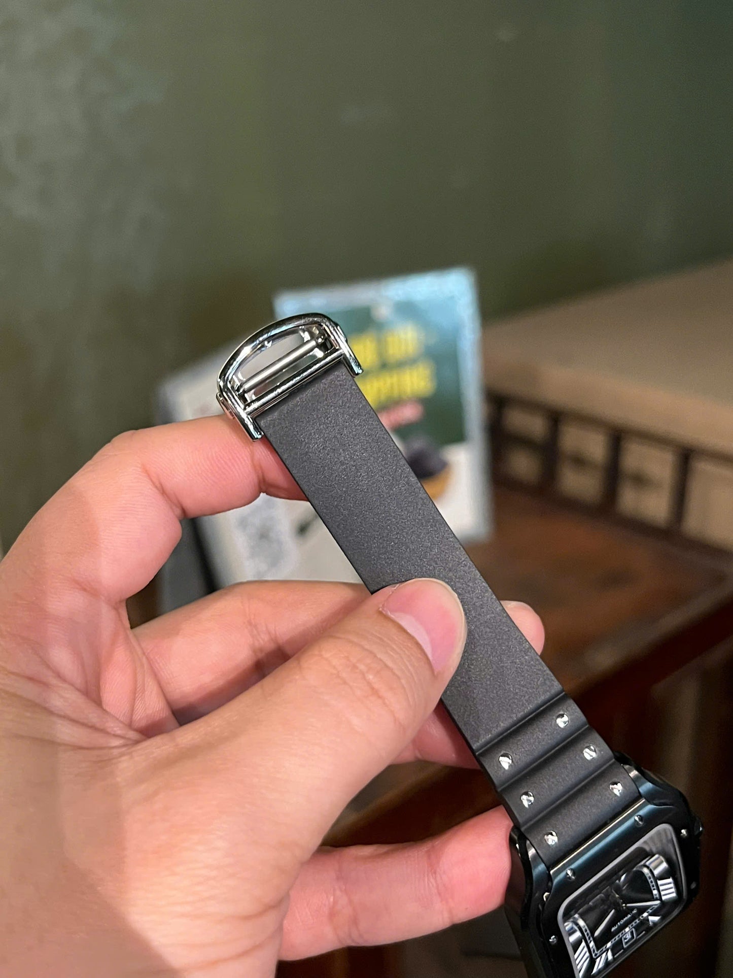 Cartier Santos Black Ceramic Replica Watch Rubber Strap