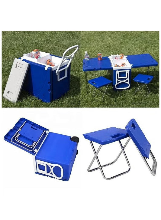 Expandable Cool Box with Wheels and Foldable Picnic Table for Camping